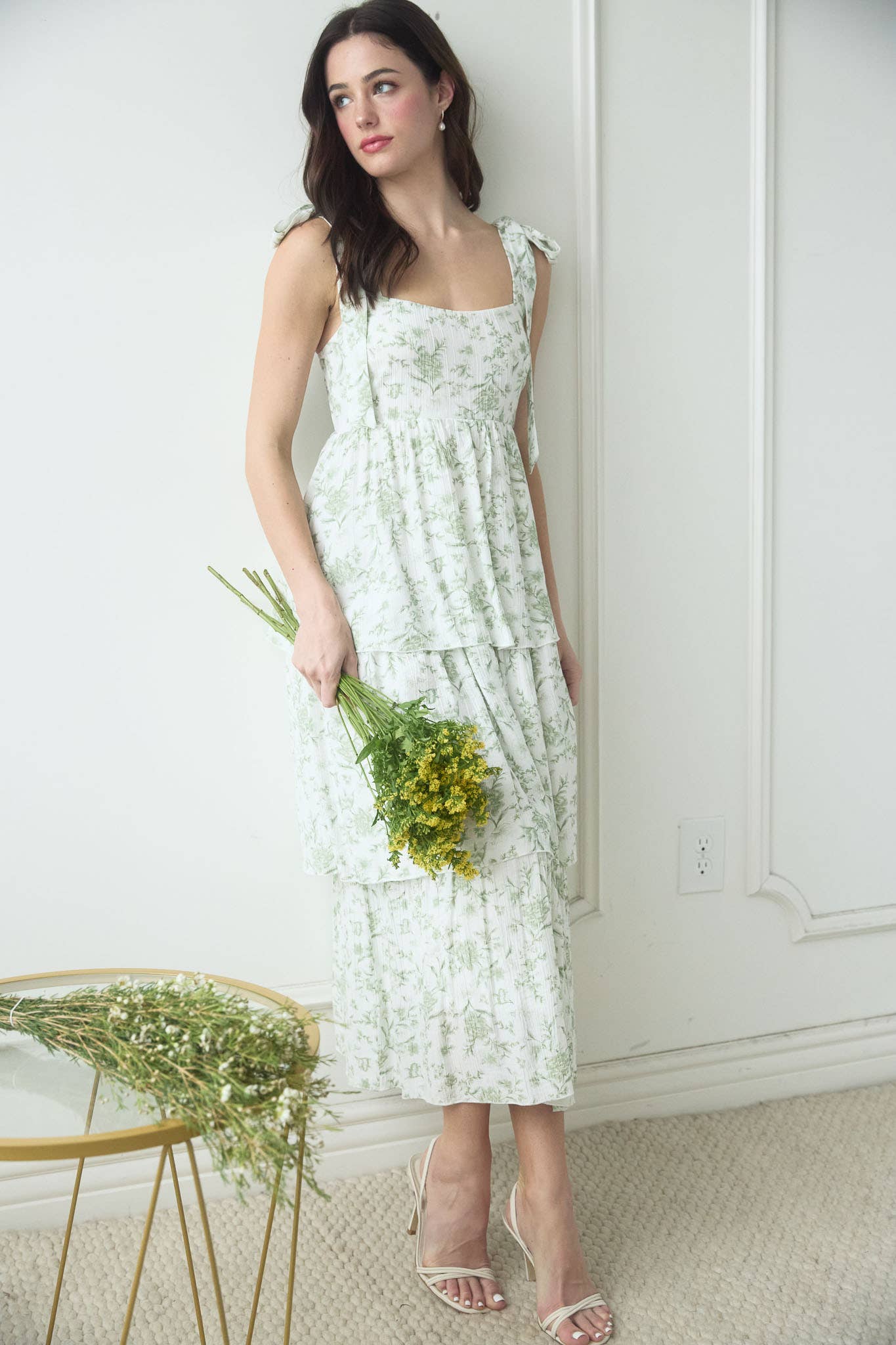Women's Tie Strap Floral Tiered Midi Sun Dress - Sage Green Floral