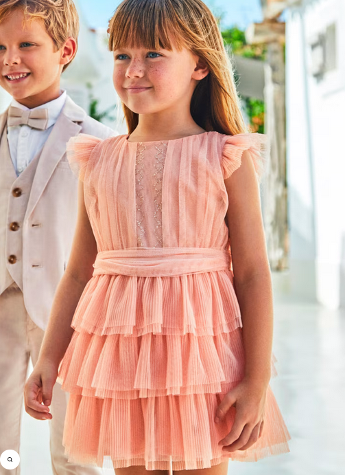 3912 Mini Girls Formal Pleated Tulle Dress - Nude Pink
