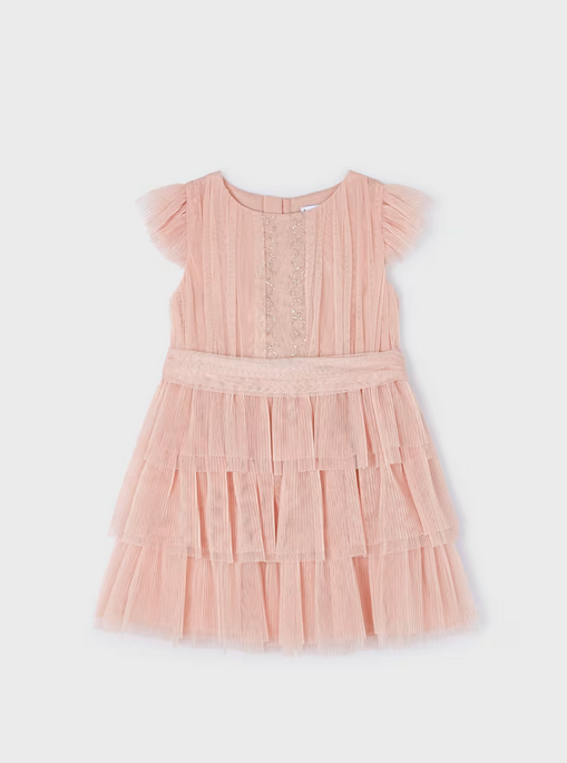 3912 Mini Girls Formal Pleated Tulle Dress - Nude Pink