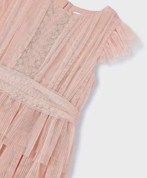 3912 Mini Girls Formal Pleated Tulle Dress - Nude Pink