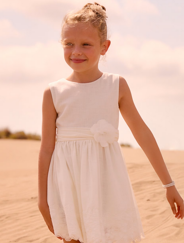 3914 Mini Girls Embroidered Lace Back Linen Formal Dress - Natural White