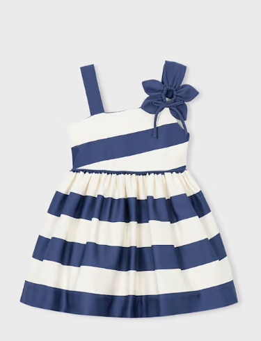 3924 Mini Girls Eco-Cotton, Formal Asymmetric Navy Striped and Flower Dress - Porcelain Blue