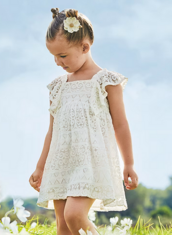 3924 Mini Girls Crochet Lace Ruffled Dress - Off White