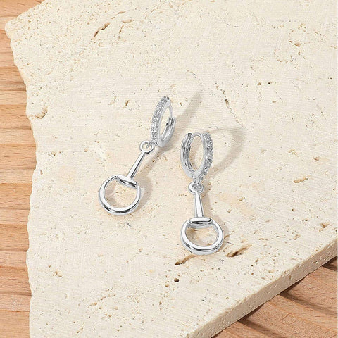 Equestrian Pave Crystal Huggie Hoop Accent Horsebit Drop Earrings: Crystal and Silver