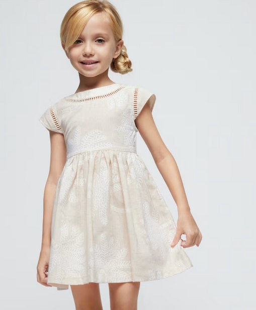 3934 Mini Girls Palm Embroidery Openwork Formal Linen Dress - Natural