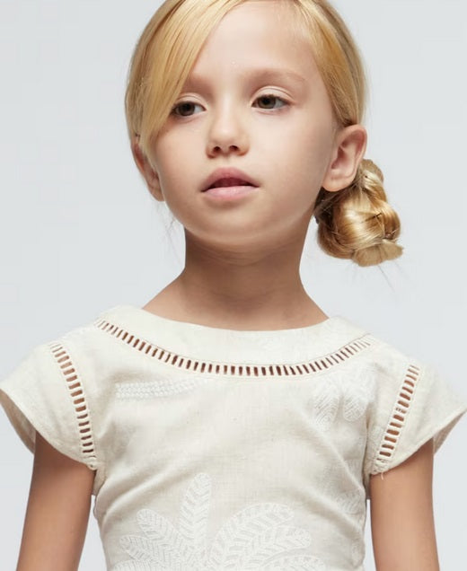 3934 Mini Girls Palm Embroidery Openwork Formal Linen Dress - Natural
