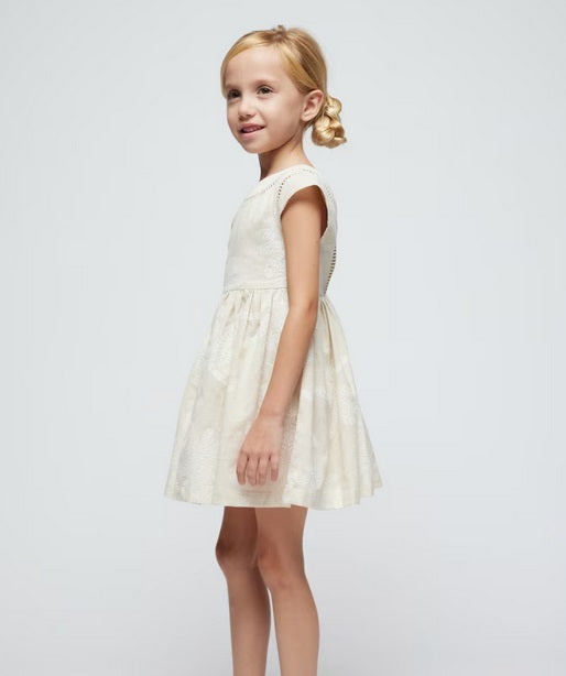 3934 Mini Girls Palm Embroidery Openwork Formal Linen Dress - Natural