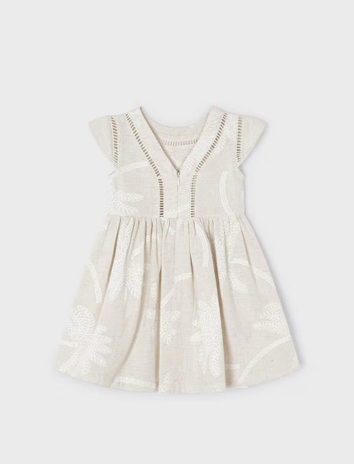 3934 Mini Girls Palm Embroidery Openwork Formal Linen Dress - Natural
