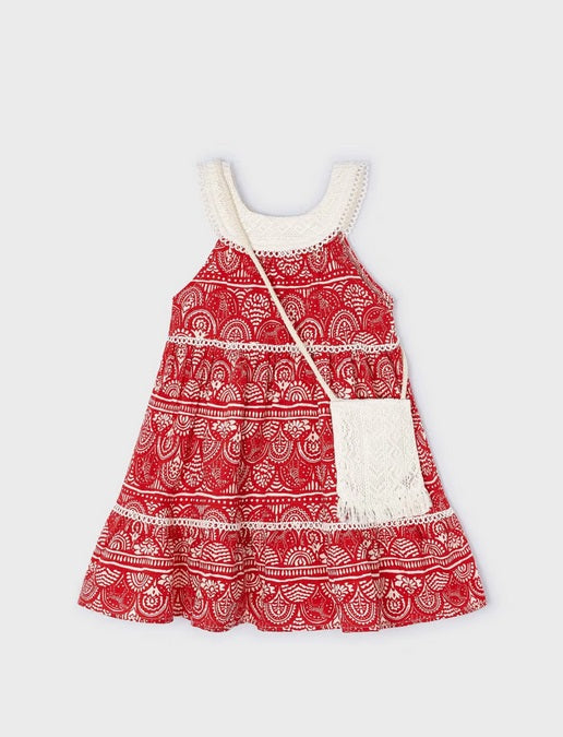 3935 Mini Girls Printed Sundress w/Crochet Crossboy Purse - Grenadine