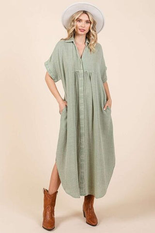 Women's Mineral Wash V Neck Button Up Midi Shirt Dress - Sage