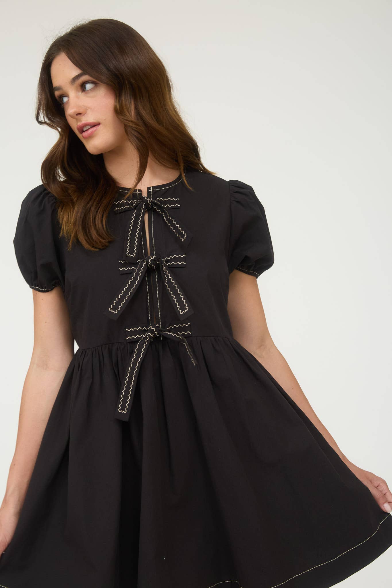 Women's Front Tie Puff Sleeve Babydoll Mini Dress Women's Front Tie Puff Sleeve Babydoll Mini Dress