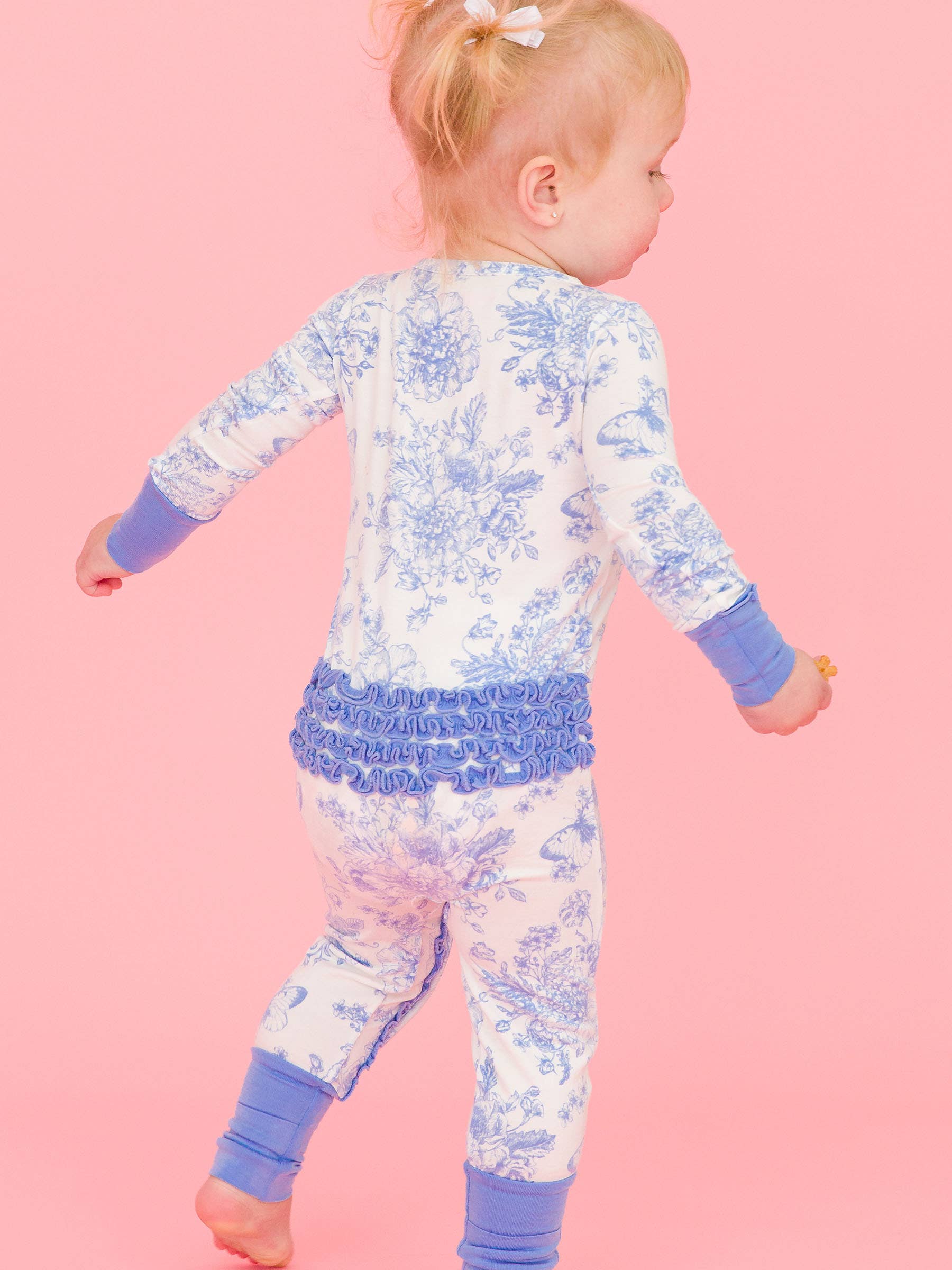 SoftSnooze™ Baby Girls Bamboo Convertible Ruffled Romper - Periwinkle Blue Butterfly Toile
