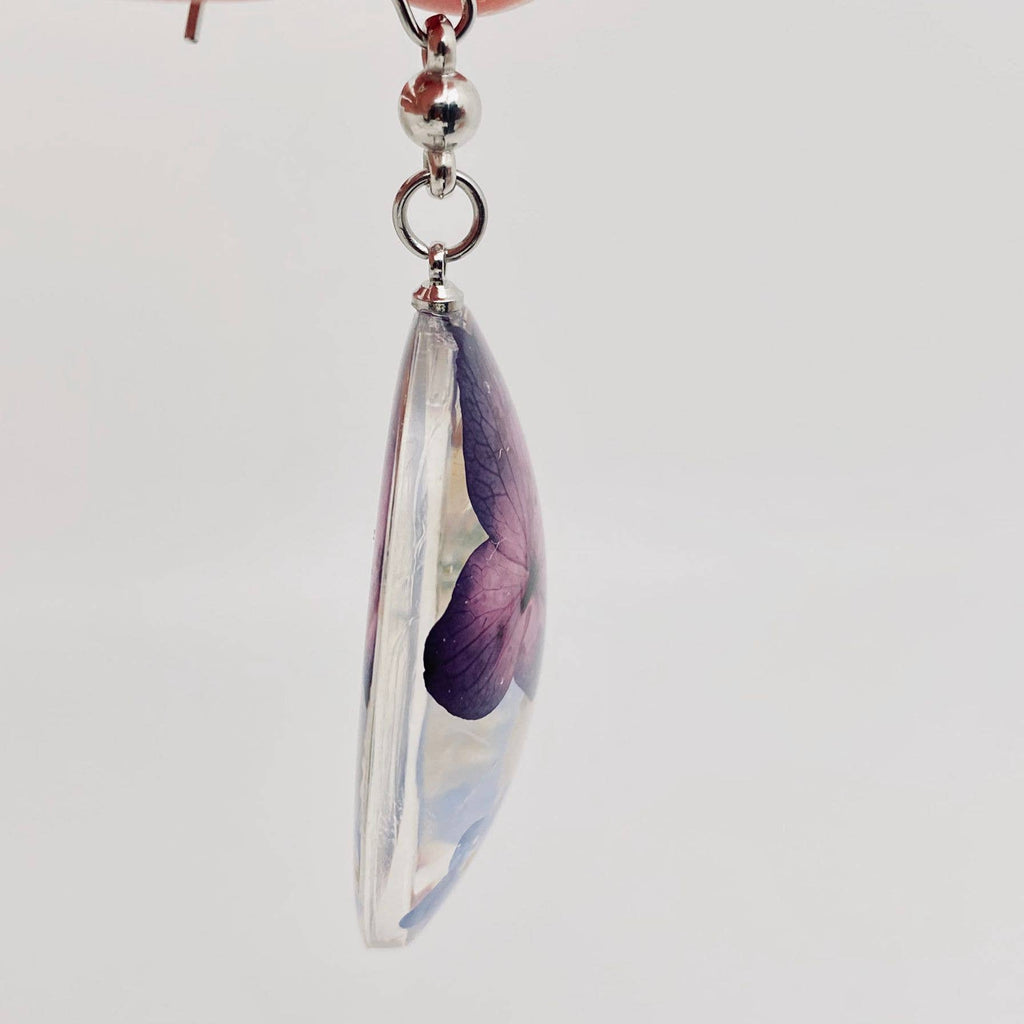 Genuine Pressed Flowers Earrings Dangle Silver Hook, Egg, Purple/Ivory/Blue, Chrysanthemum, Forget-Me-Not