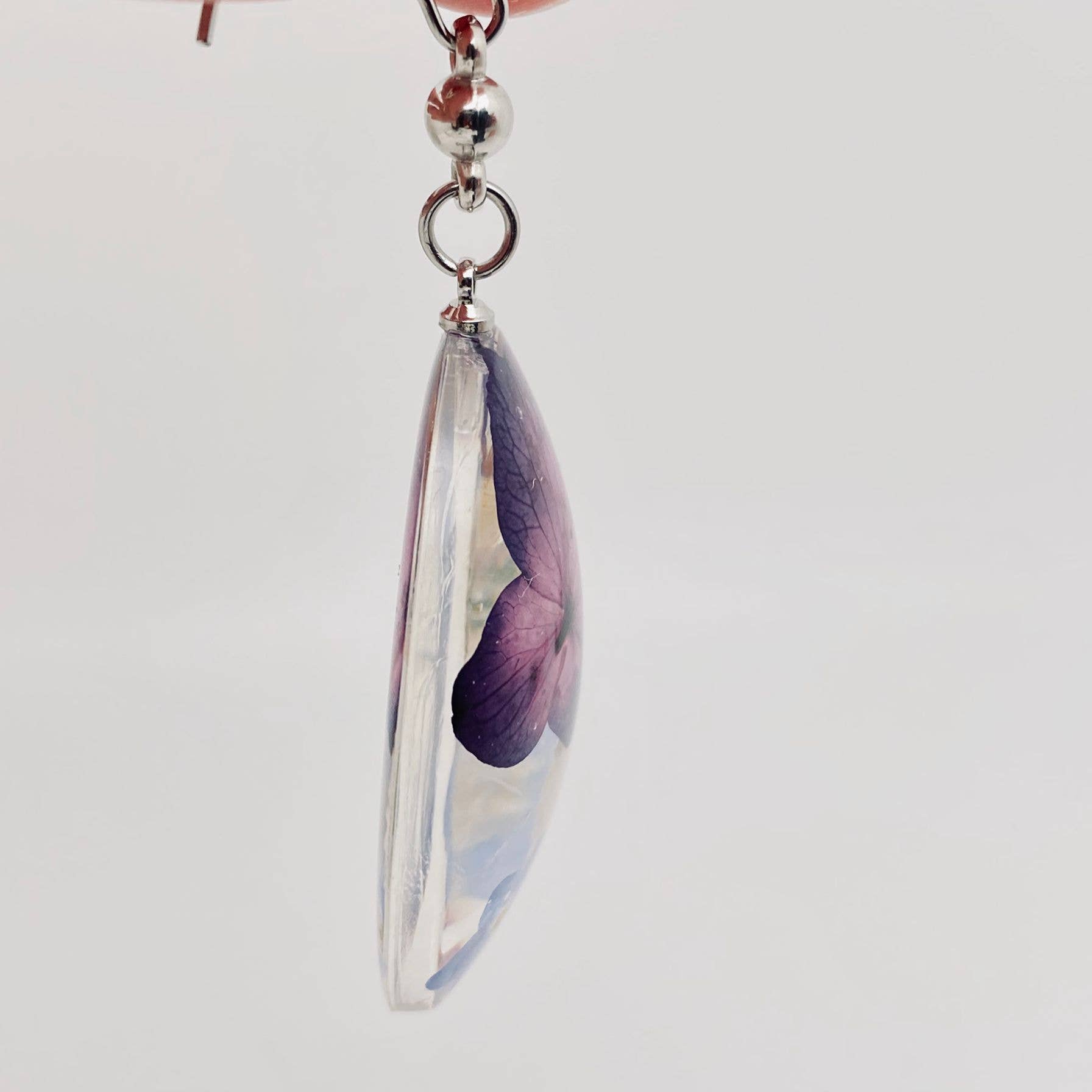 Genuine Pressed Flowers Earrings Dangle Silver Hook, Egg, Purple/Ivory/Blue, Chrysanthemum, Forget-Me-Not