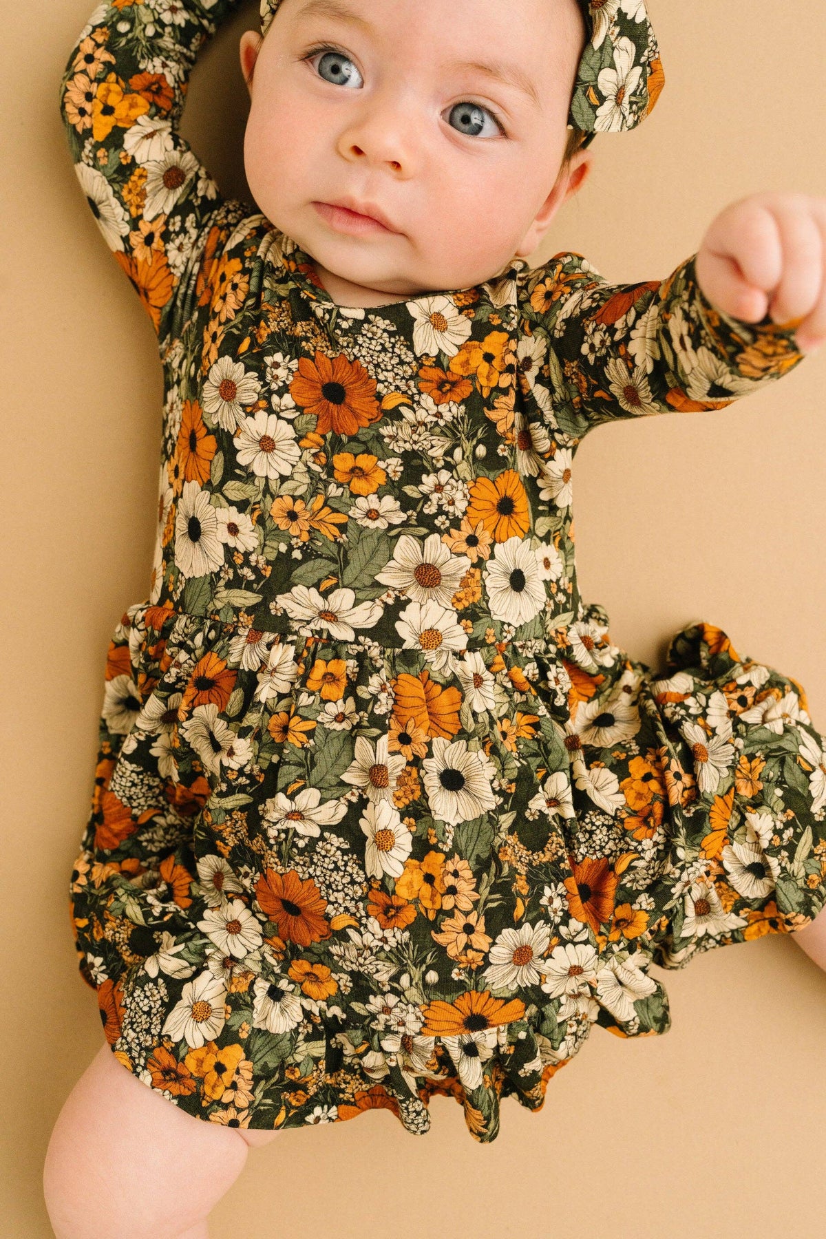 Bamboo Zippered L/S Twirl Bodysuit Dress w/Bow Back - Green & Burnt Orange, Rustic Blooms