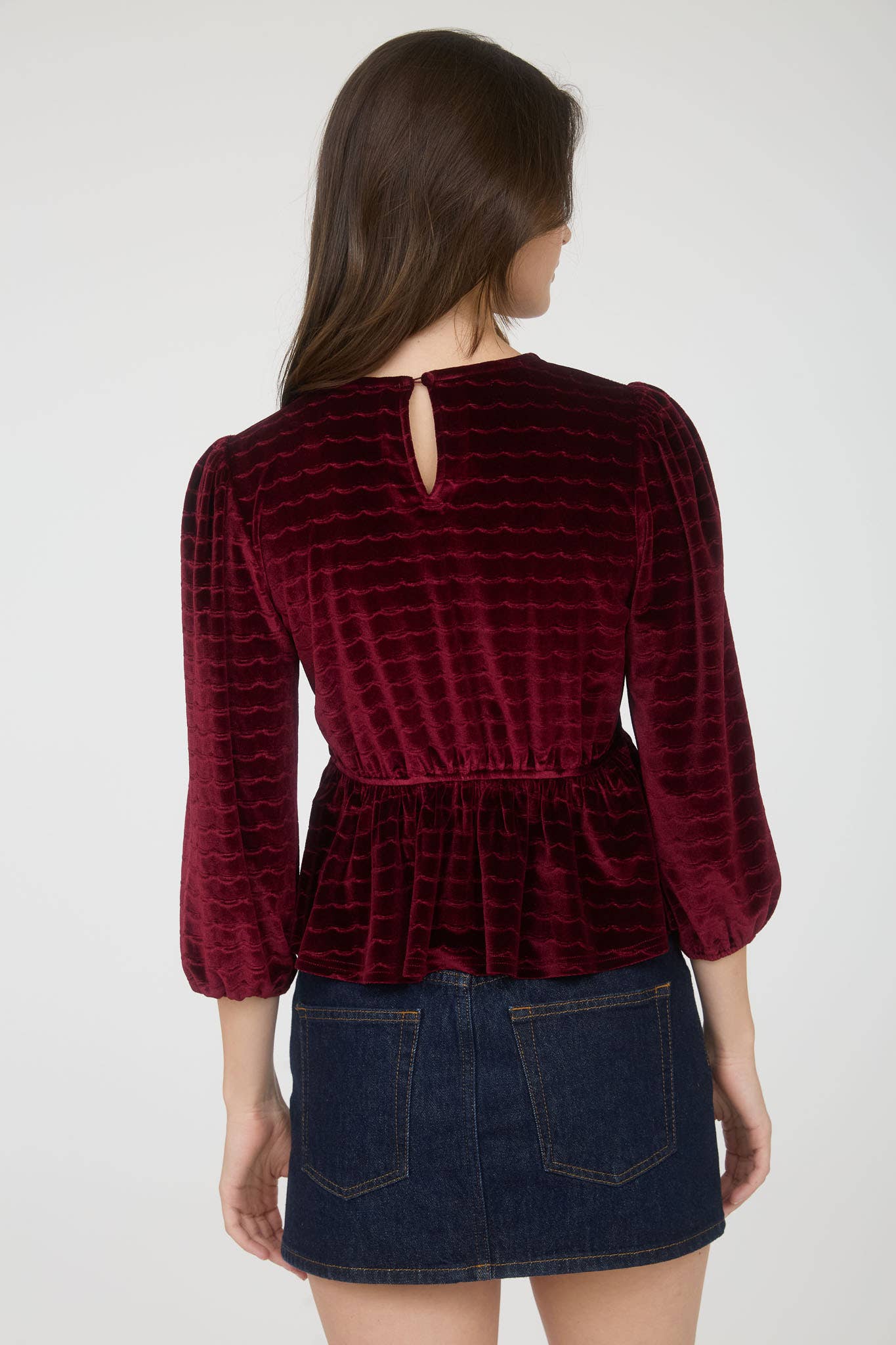 Women's Scalloped Pattern Peplum Waist Velvet and Pearl Button Top - Burgundy