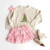 Mini Girls Coquette Christmas Tree Knit Sweater - Ivory Green Pink