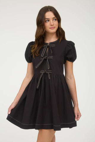 Women's Front Tie Puff Sleeve Babydoll Mini Dress - Black
