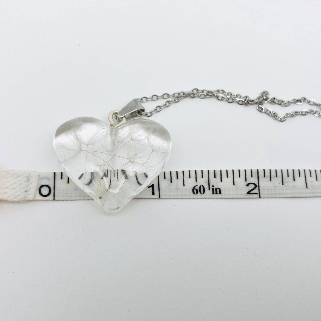 Genuine Pressed Dried Flowers, Dandelion Encased Resin Heart-Shaped Charm Necklace, White