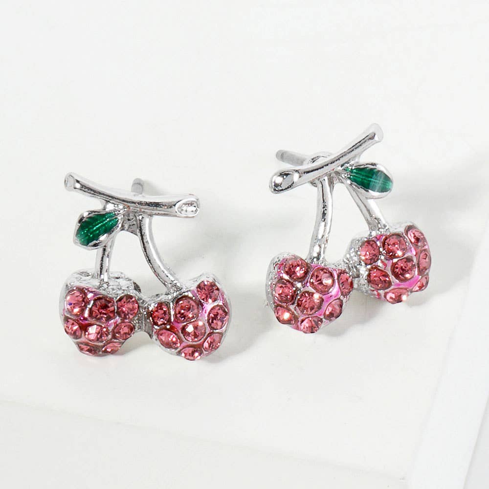 Rhinestone Pave Pierced Earrings - Cherries Pink