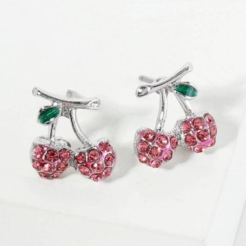 Rhinestone Pave Pierced Earrings - Cherries Pink
