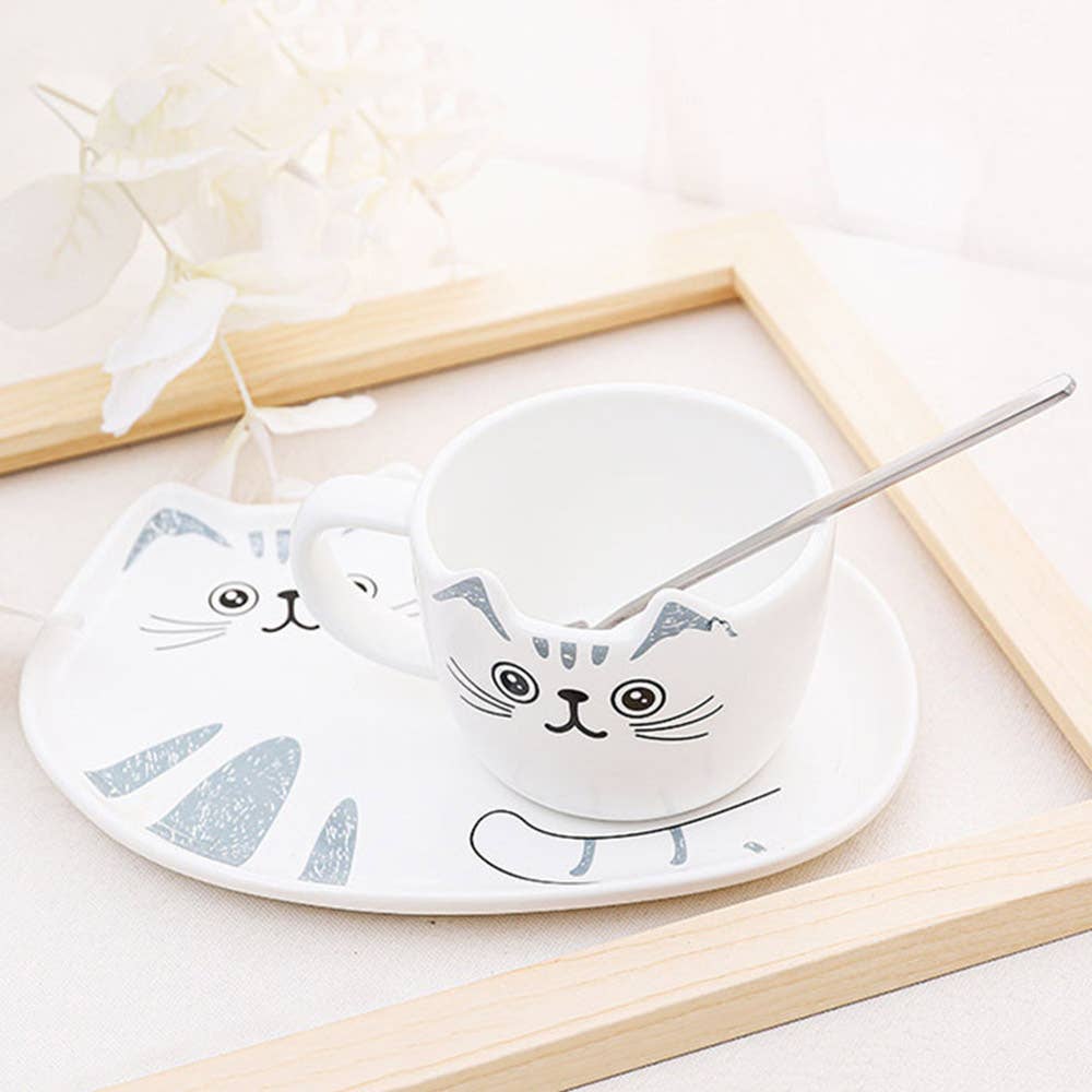 Kawaii Cat Ceramic Mug Cup, Saucer, and Spoon 3PC Set