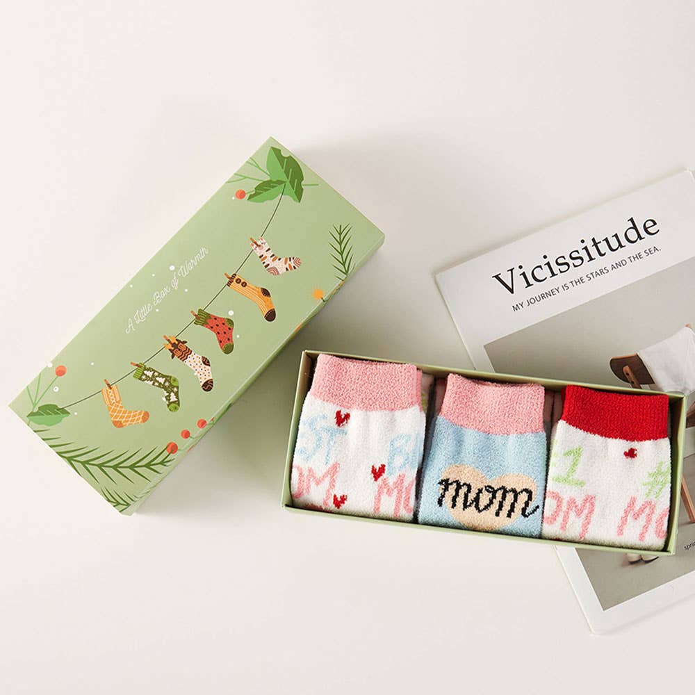 MOM heart and flower fuzzy socks, 3 pair gift set, gift box