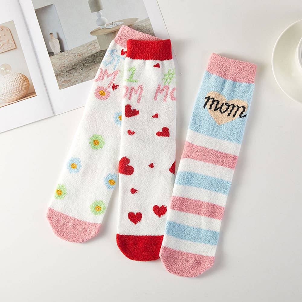 MOM heart and flower fuzzy socks, 3 pair gift set, pairs laid out