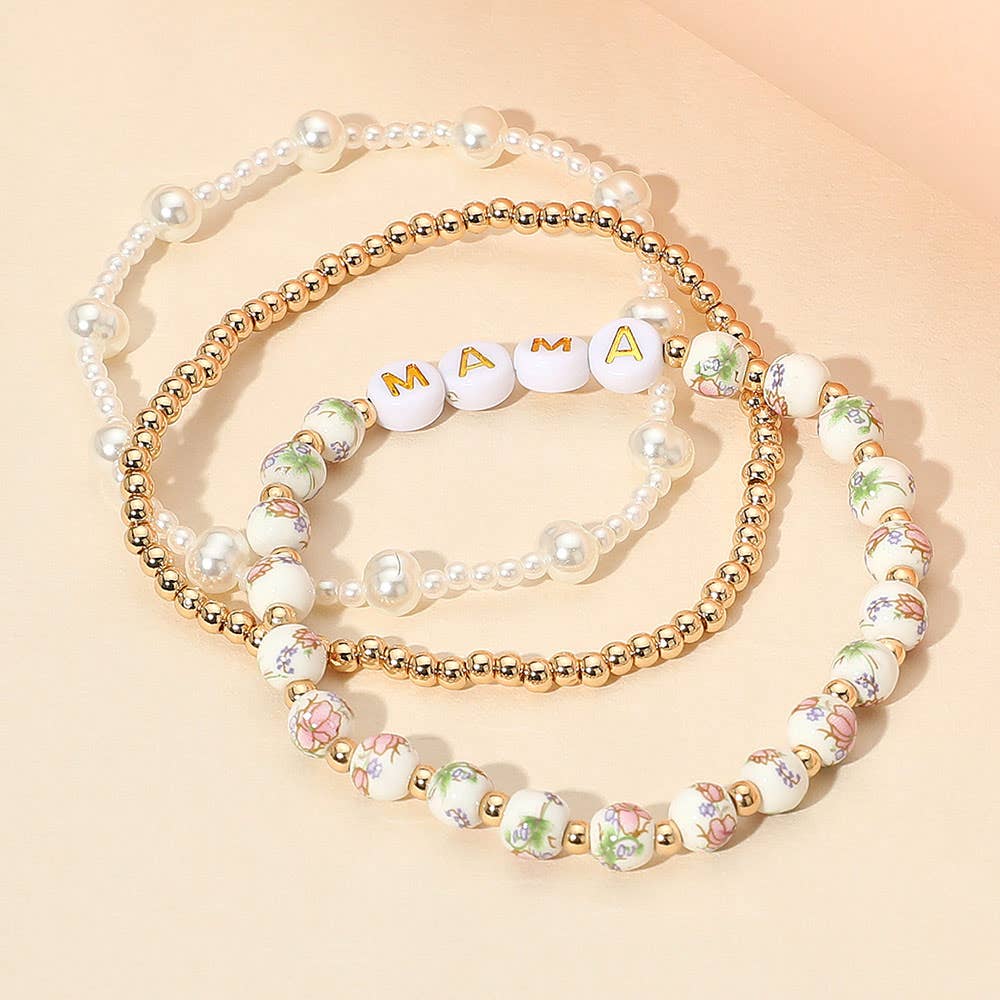 MAMA floral pearl beaded stretch bracelets, 3 piece set, stacked