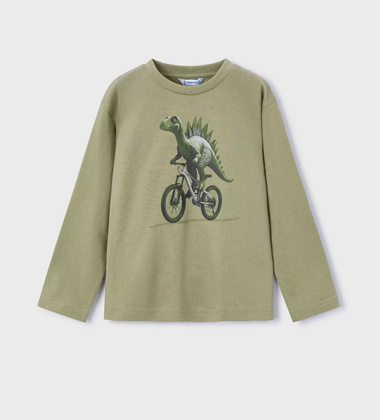 Mayoral boys eco-sustainable cotton long sleeve graphic t-shirt, pistachio dinosaur, front view