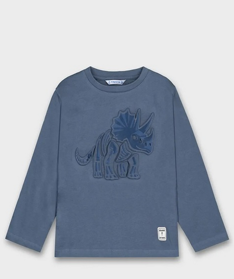 Mayoral boys long sleeve graphic 3d embossed puffy print, blue dinosaur, front view