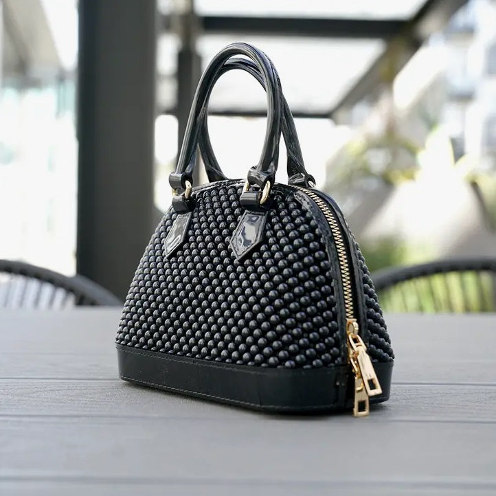 Handbag - Beaded Mini Bowling Bag w/Detachable Chain, Black