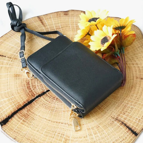 Crossbody Purse - Dual Compartment, Slim Vegan Leather, Black