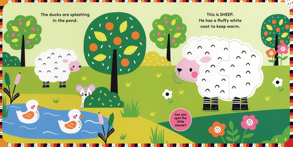 Jigsaw Jumble Farm inside spread with the sheep puzzle by the duck pond