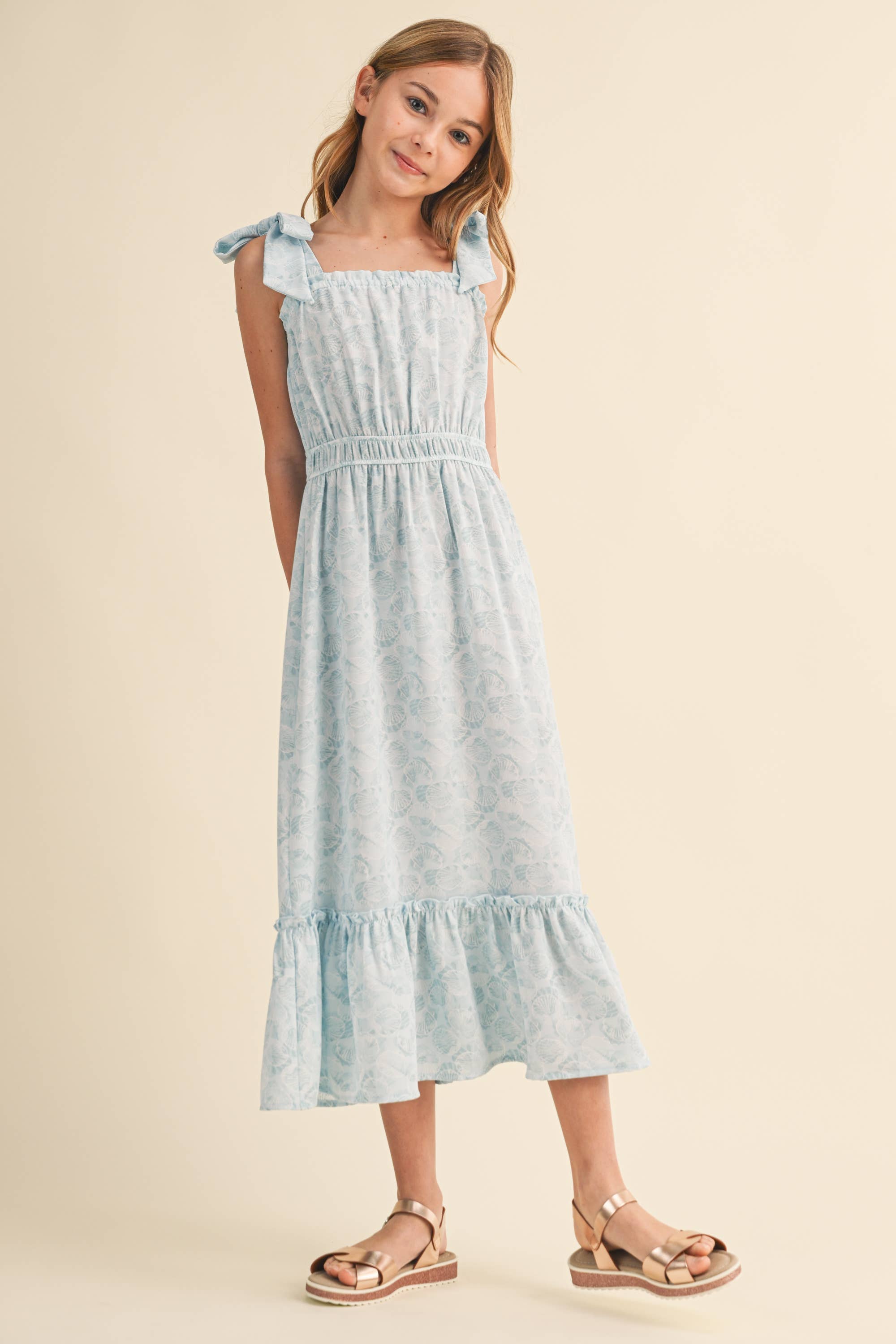 Tween and Teen Girls Maxi Sundress - Juliette Blue Ocean Sea Shells