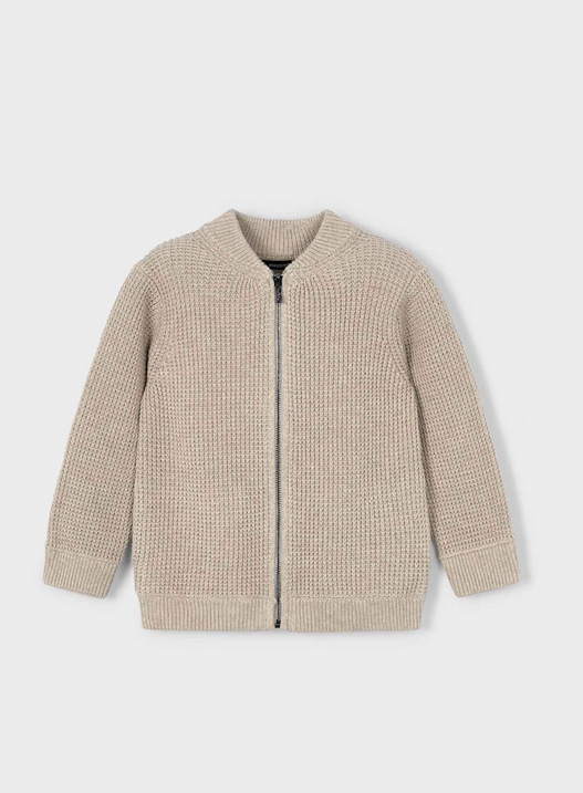 Mayoral boys eco-sustainable cotton knit zippered cardigan, chai, front view