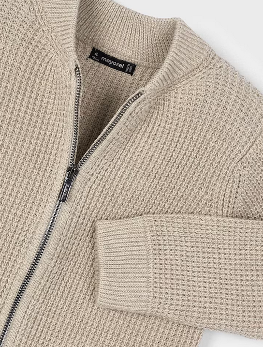 Mayoral boys eco-sustainable cotton knit zippered cardigan, chai, view 3