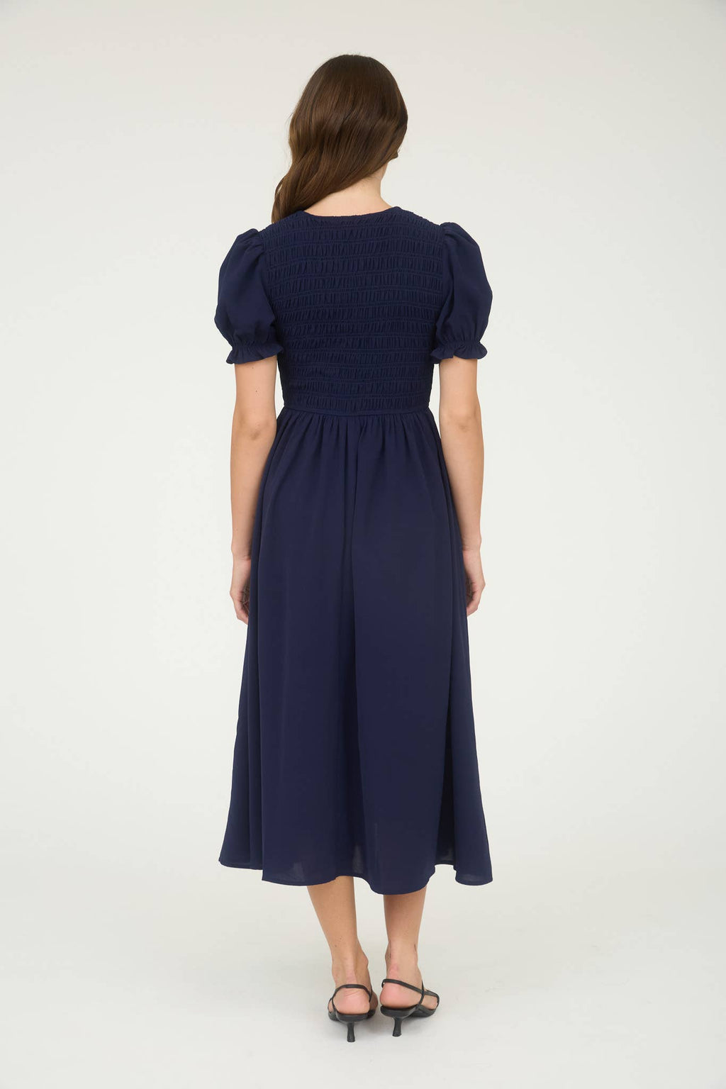 Women's V Neck Smocked Tie Front Puff Sleeve Midi Dress - Navy