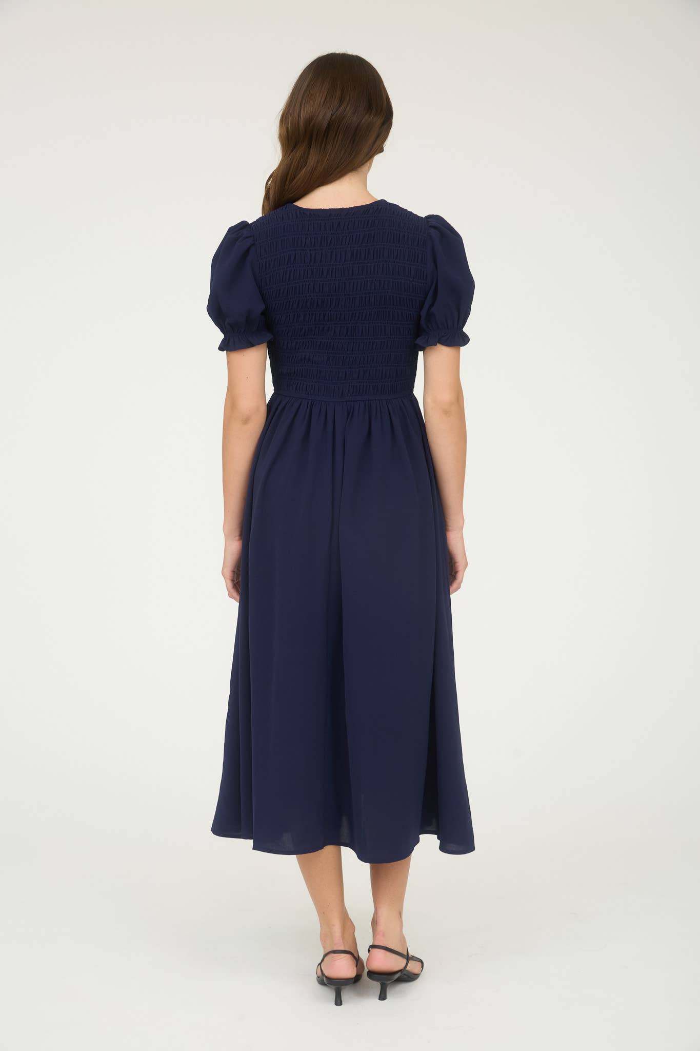 Women's V Neck Smocked Tie Front Puff Sleeve Midi Dress - Navy