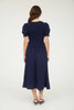 Women's V Neck Smocked Tie Front Puff Sleeve Midi Dress - Navy