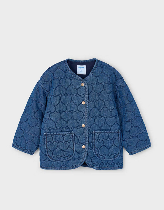 Mayoral Spain girls quilted denim jacket, heart embroidery, blue