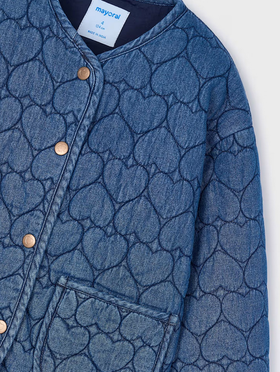 Mayoral girls quilted hearts denim jacket, medium blue, view 3