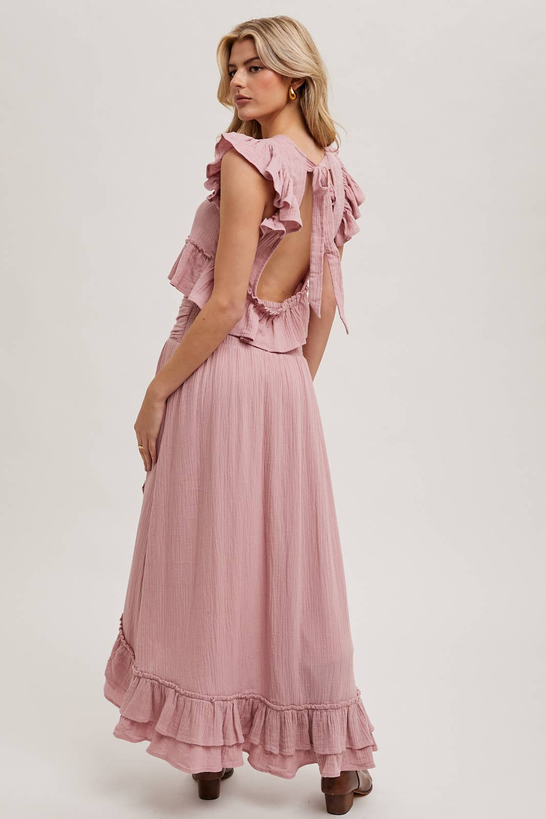Women's Ruffled Semi Cropped Top - Petal Rose Pink