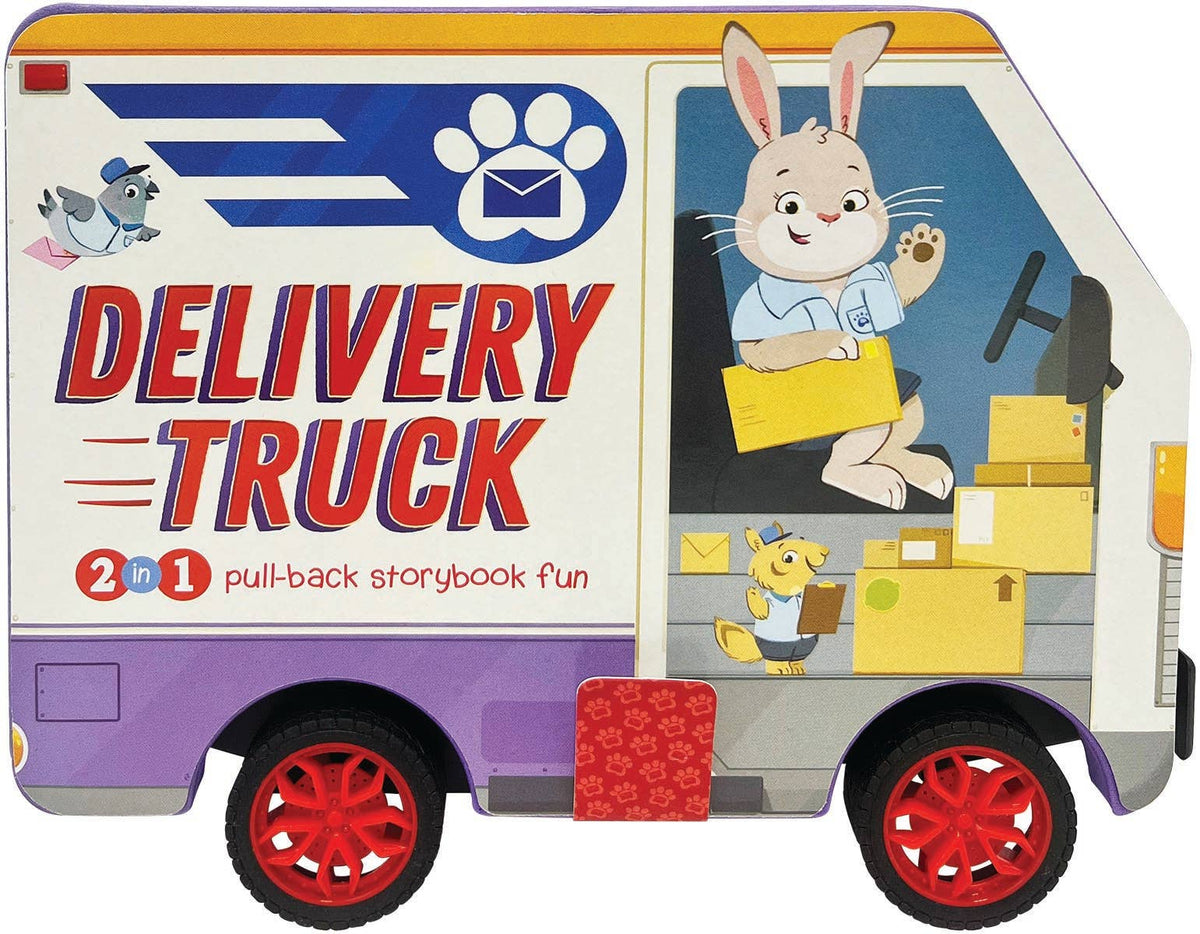 Delivery Truck pull-back storybook shaped like a truck with Bunny driving