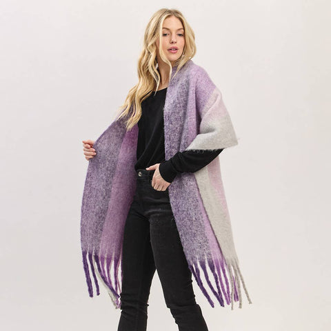 Oversized Solid Color Block Soft Brushed Knit Fringe Scarf: Purple