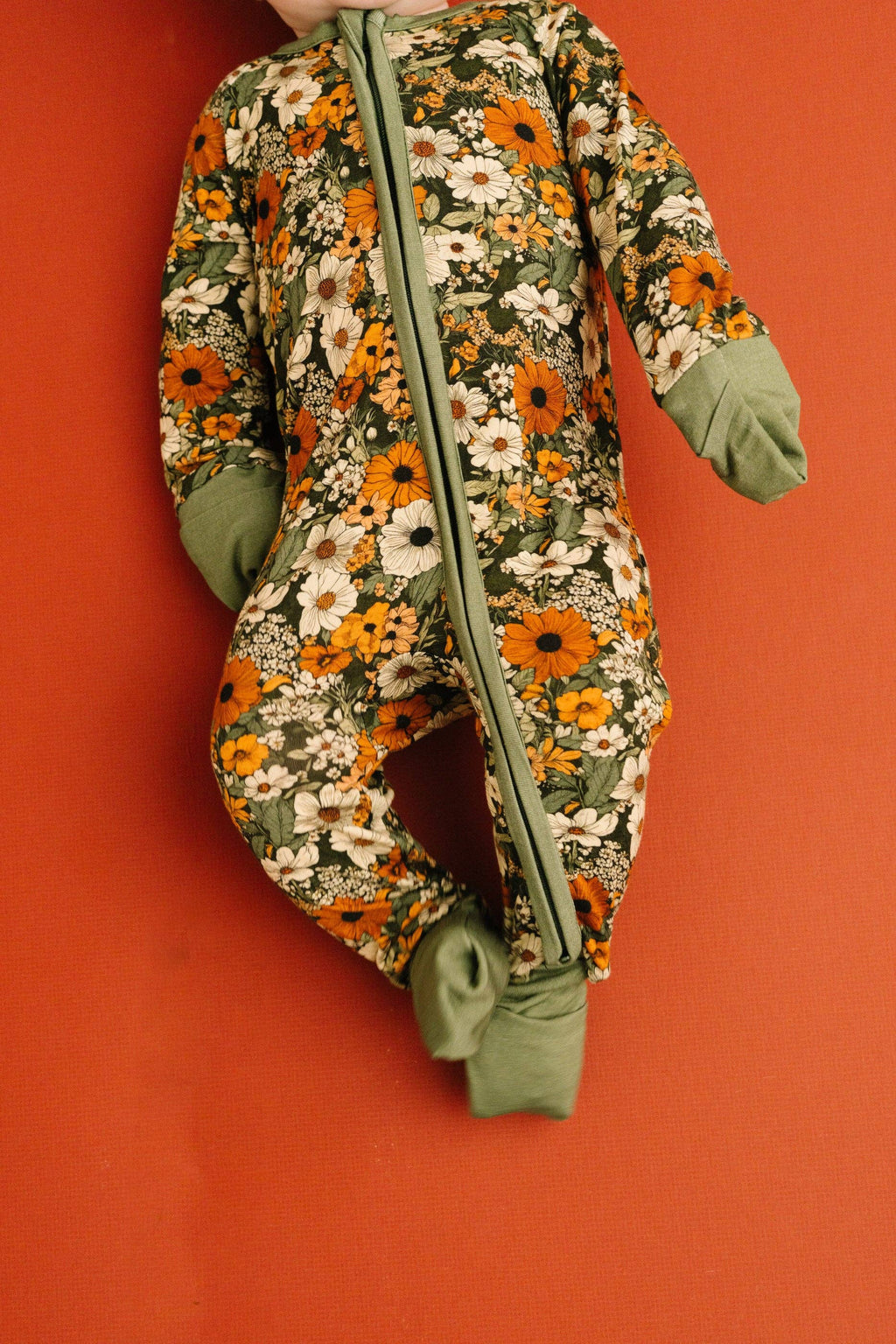 Bamboo Zippered L/S Convertible Romper - Green & Burnt Orange, Rustic Blooms