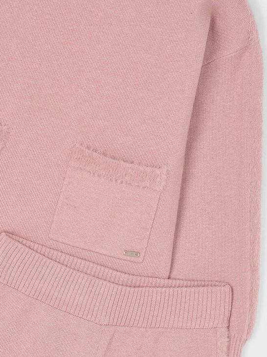 Mayoral girls knit plush detail hoodie wide leg lounge set, makeup blush pink, detail