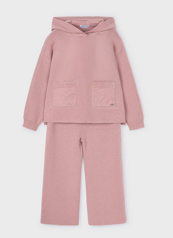 4580 Mini Girls Knit Plush Detail Hoodie Wide Leg Lounge Set - Makeup Blush Pink