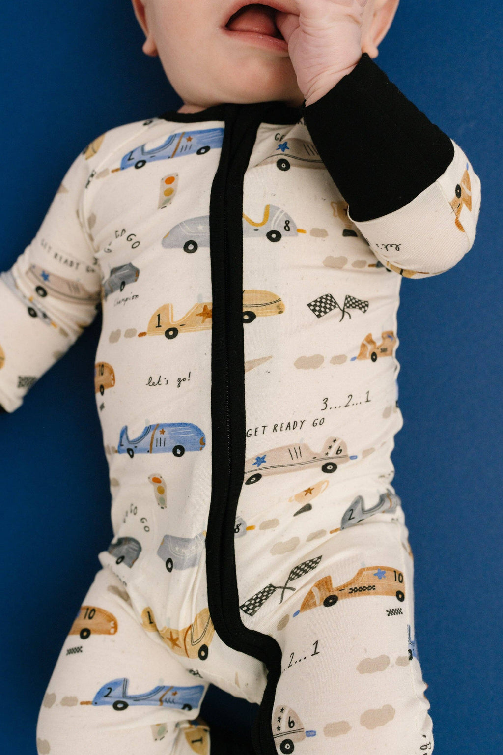 Bamboo Zippered L/S Convertible Romper - Vintage Speedway Race Cars, Black