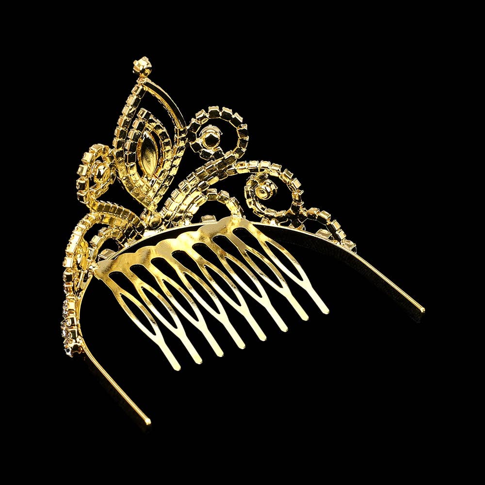 Marquise Stone Pointed Rhinestone Paved Princess Mini Tiara with Comb: Gold Clear